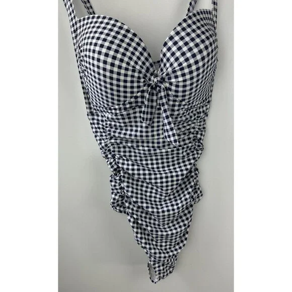 Torrid Navy Gingham Tie Front Wireless Ruched One-Piece Swimsuit Plus Size 4 4X - Picture 4 of 16